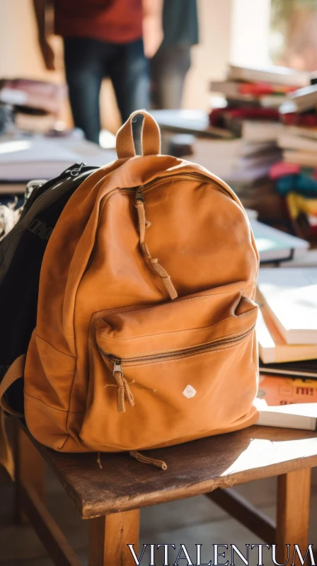 Brown Canvas Backpack on Wooden Table AI Image
