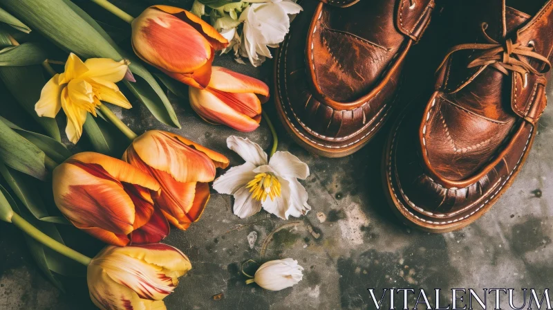 Brown Leather Shoes with Tulips and Daffodils on Gray Concrete Background AI Image