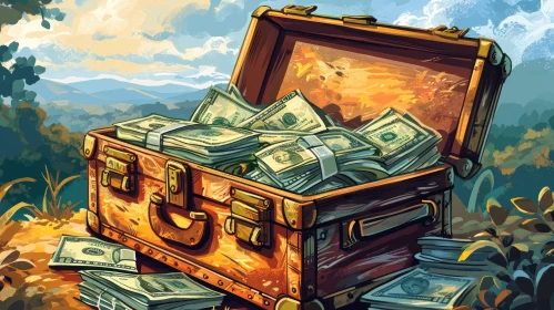 Captivating Digital Painting of a Treasure Chest Overflowing with Money