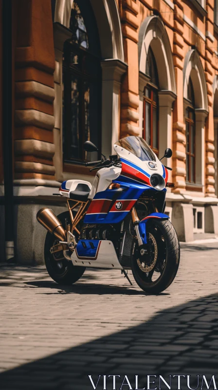 Colorful Motorcycle Parked in Front of a Building - Street-Inspired High Quality Photo AI Image
