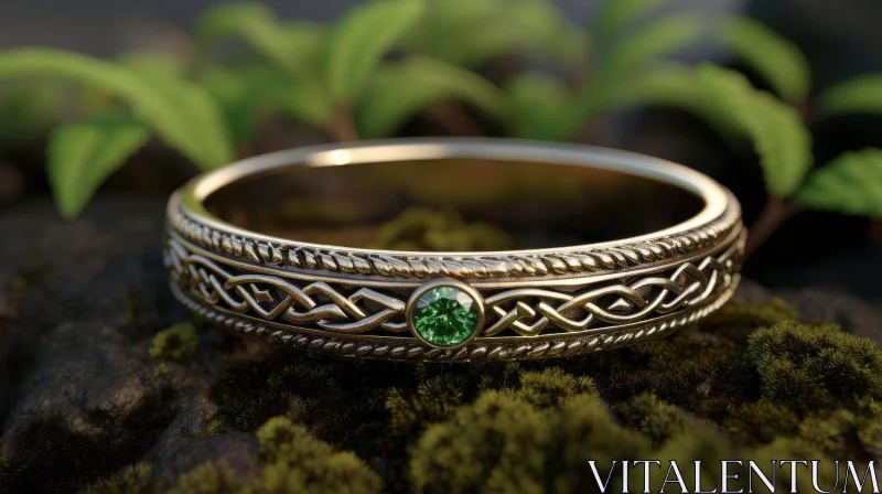 AI ART Exquisite Gold Ring with Emerald on Green Moss