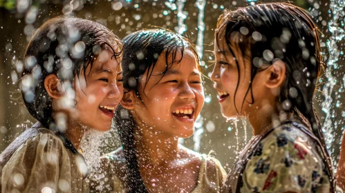 Joyful Asian Girls Playing Under Fountain | Wet Hair Smiles