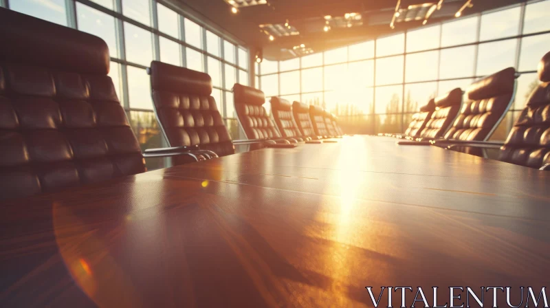 AI ART Modern Boardroom with Wooden Conference Table and Sunlit City View