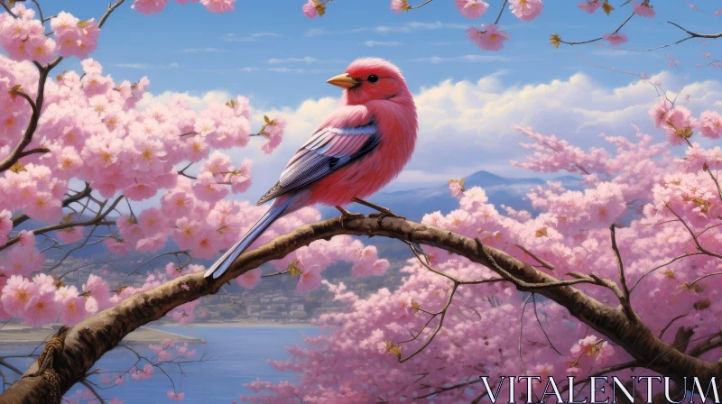 Pink Bird on Cherry Tree Branch Painting AI Image