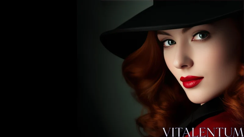 Red-Haired Woman Portrait in Black Hat AI Image