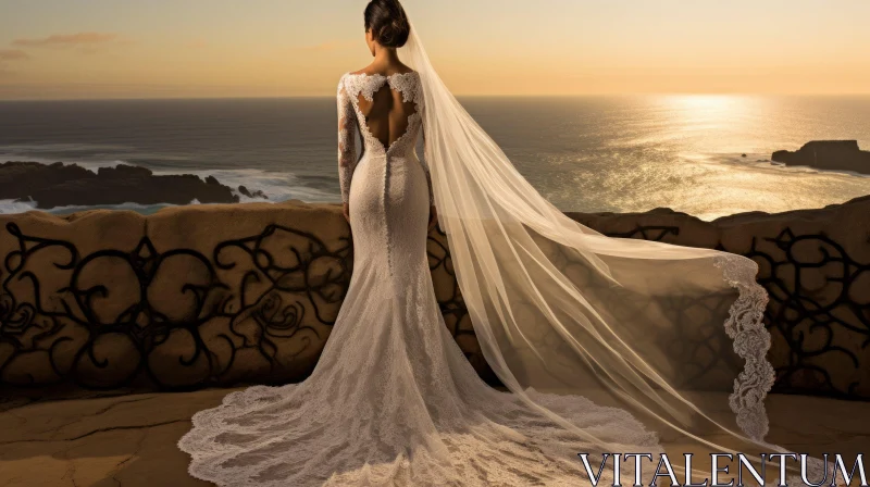 Romantic Wedding Bride on Cliffside at Sunset AI Image