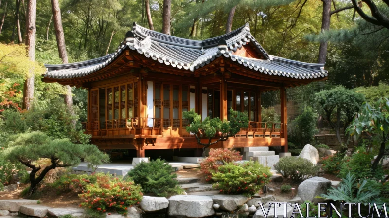 Serene Korean Traditional Pavilion in a Beautiful Garden AI Image