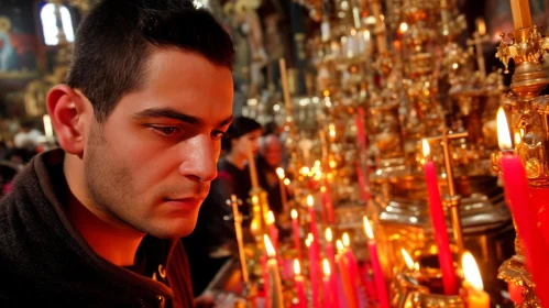 Serenity and Devotion: A Young Man Praying in a Candle-lit Church