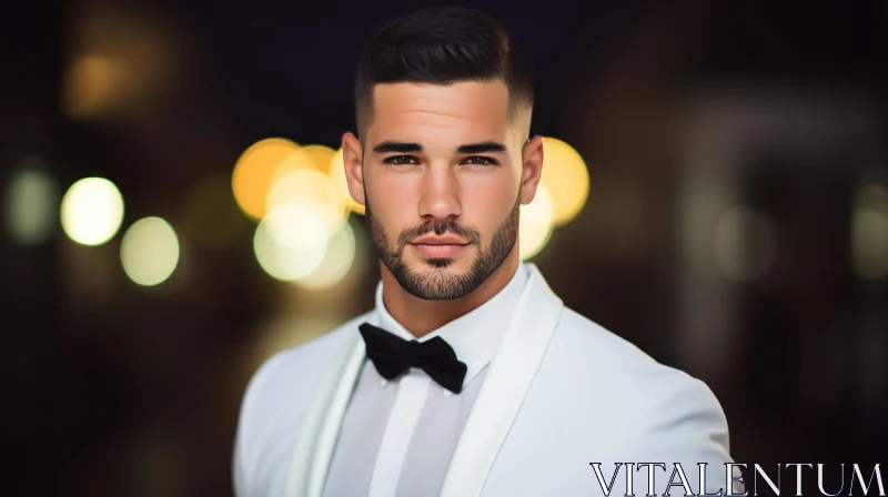 Stylish Young Man Portrait in White Tuxedo | Serious Look AI Image