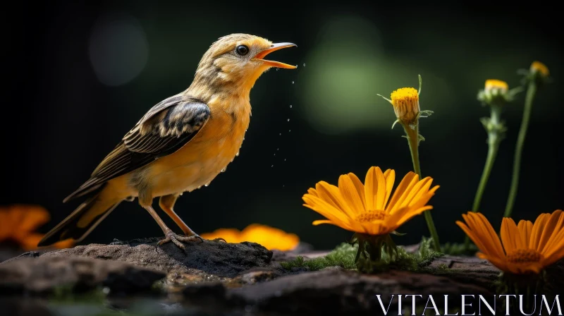 Yellow Bird Singing on Rock - Nature Close-up View AI Image
