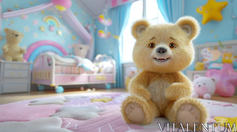 Adorable Cartoon Teddy Bear in Child's Bedroom AI Image