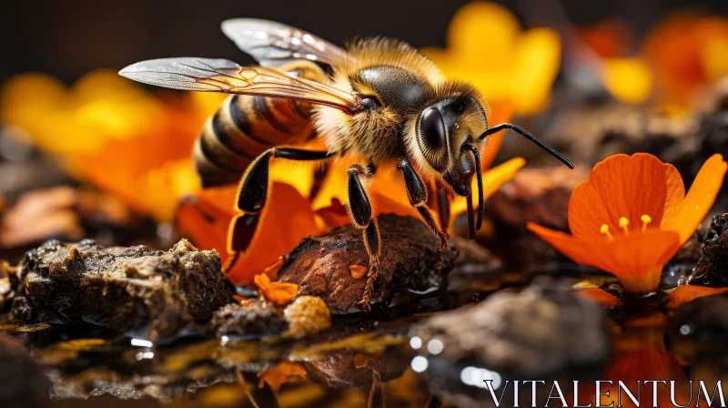 Brown and Yellow Honeybee on Rock in Puddle - Close-Up Shot AI Image