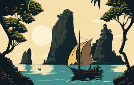 Captivating Sail Boat Artwork on a Tropical Island | Graphic Design-Inspired Illustrations
