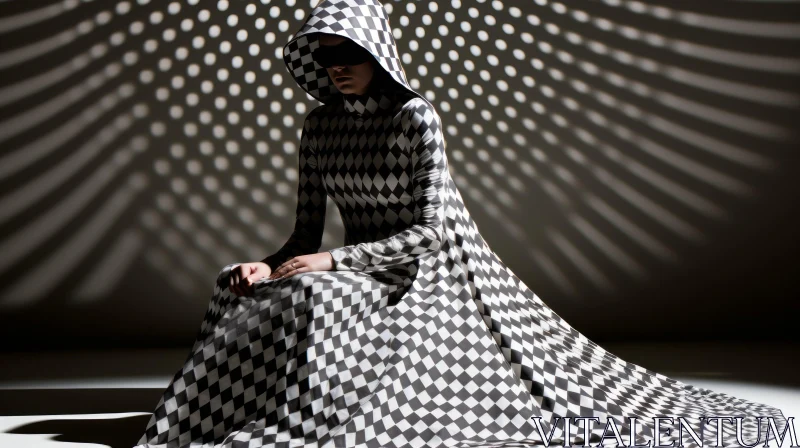 AI ART Elegant Woman in Black & White Checkered Dress with Hood