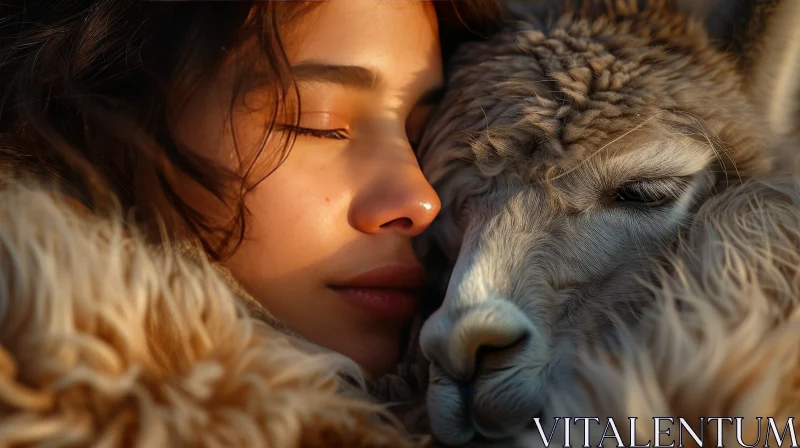 Enchanting Portrait of Woman and Alpaca in Nature AI Image