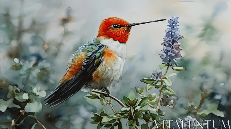 Ethereal Watercolor Painting of a Hummingbird on Flowering Plant AI Image