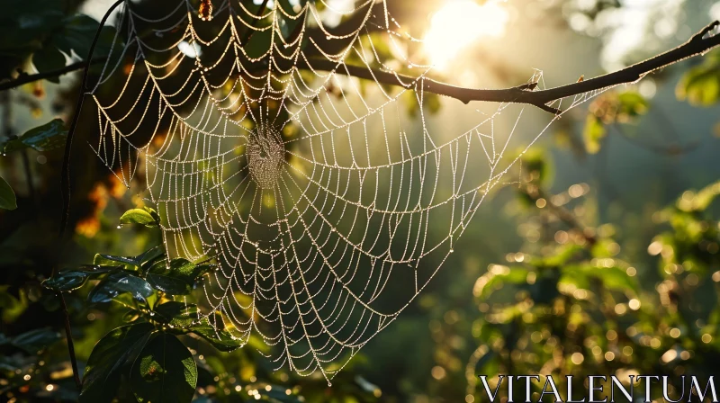 Morning Dew Spider Web in Sunlight - Nature Beauty AI Image