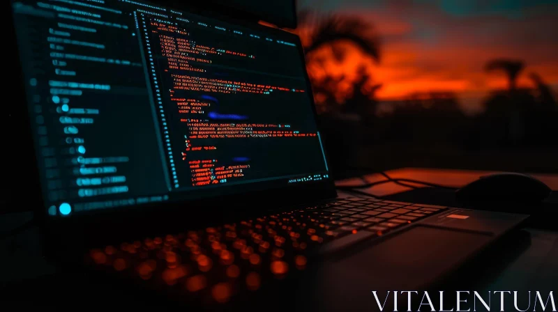 Night View of Laptop with Orange-Reddish Screen - Captivating Technology Image AI Image