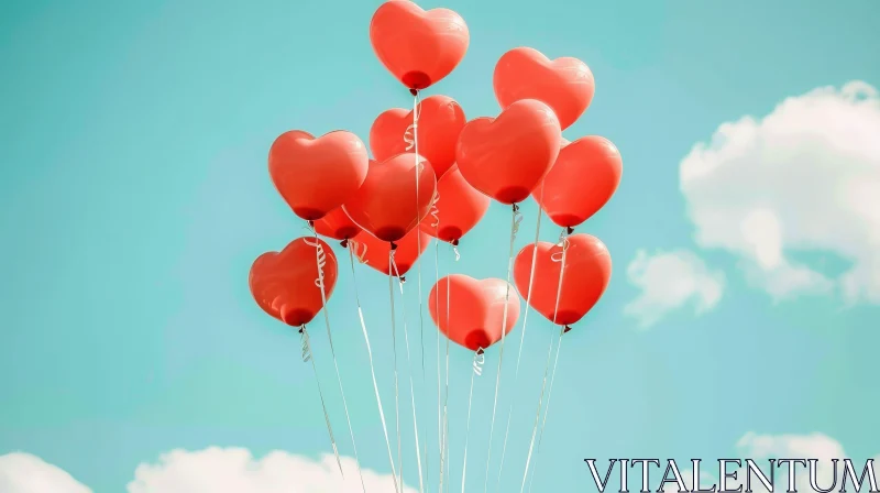 Red Heart-Shaped Balloons Floating in the Sky AI Image