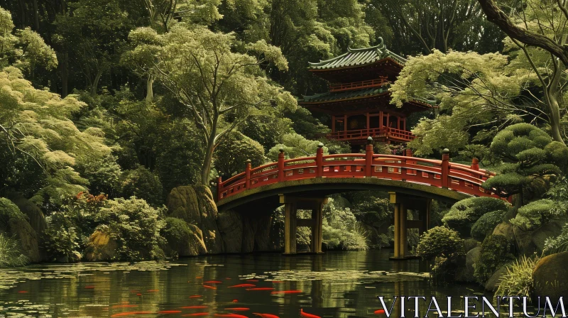 Tranquil Japanese Garden: Red Bridge, Pagoda, and Koi Fish AI Image