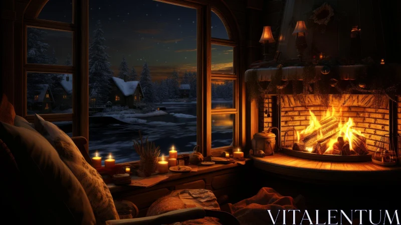 Warm and Cozy Living Room with Brick Fireplace AI Image