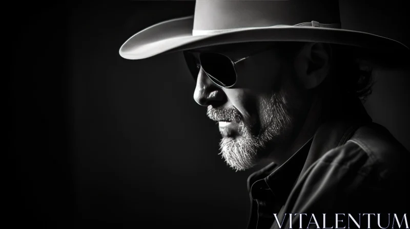 Black and White Portrait of a Mysterious Man with Cowboy Hat and Sunglasses AI Image