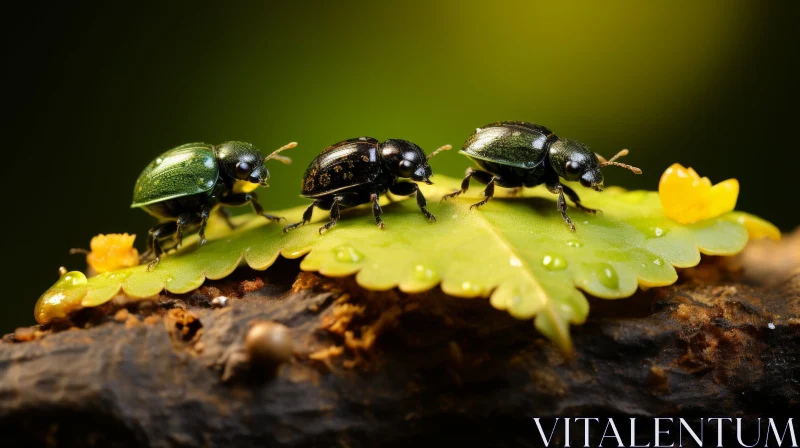 AI ART Black Beetles on Green Leaf - Nature Wildlife Close-up