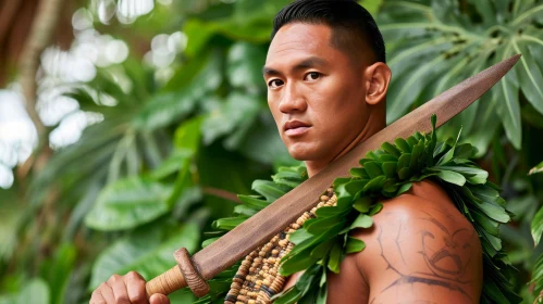 Captivating Portrait of a Young Hawaiian Man in Traditional Clothing