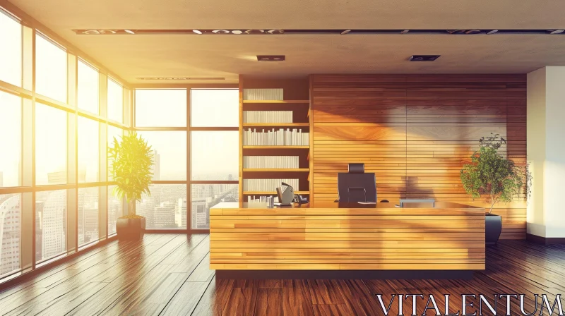 Exquisite Contemporary Office with Window, Wooden Desk, and Bookshelf AI Image