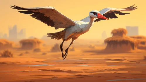 Graceful White Stork Flying Over Desert at Sunset