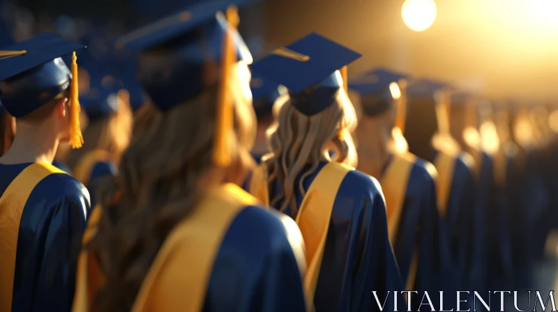 Group of People in Blue and Gold Graduation Gowns and Caps Against a Blurred Sunset AI Image