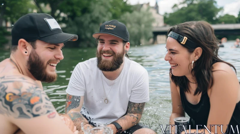 Joyful Friends Cooling Off in River AI Image