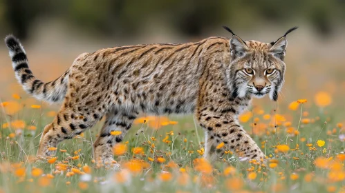 Majestic Lynx Walking Through Field of Flowers