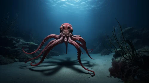 Red Octopus Digital Painting on Ocean Floor
