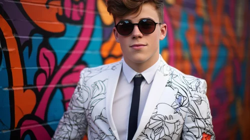 Stylish Young Man Portrait in Floral Suit and Sunglasses