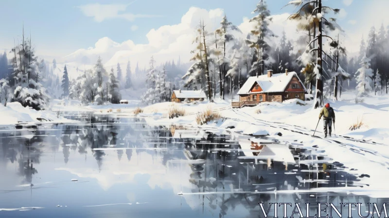 Winter Landscape with Frozen Lake and Cabin AI Image