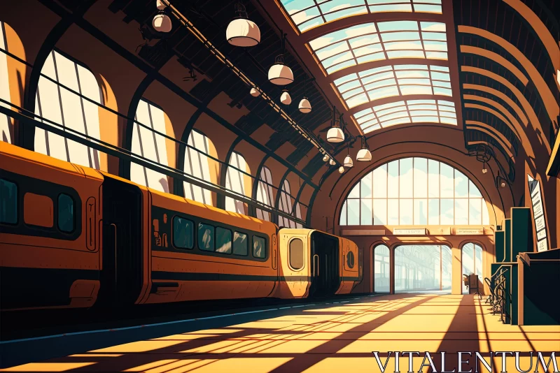 Yellow Train at Station: Warm Color Palette, Detailed Character Design AI Image
