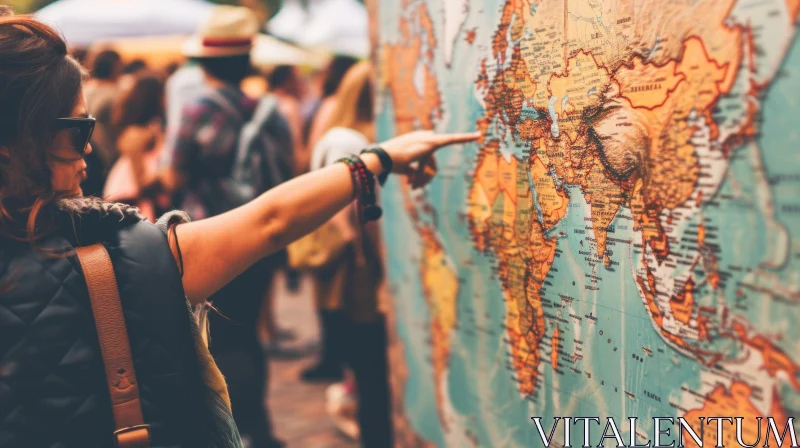 AI ART Young Woman Pointing at World Map with Sunglasses - Travel and Adventure