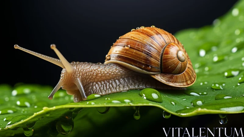 Brown-Shelled Snail on Green Leaf - Nature Photography AI Image