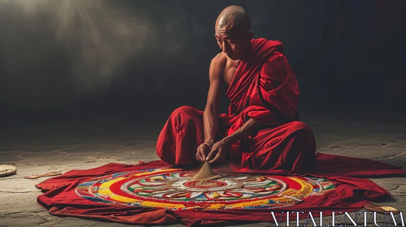 Captivating Serenity: Buddhist Monk Creating Sand Mandala AI Image