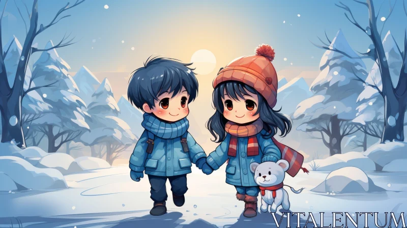 Cartoon Drawing of Boy and Girl in Snowy Forest AI Image