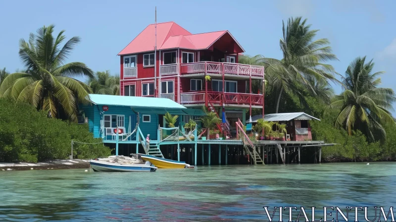 Colorful House on Water with Boats and Palm Trees AI Image