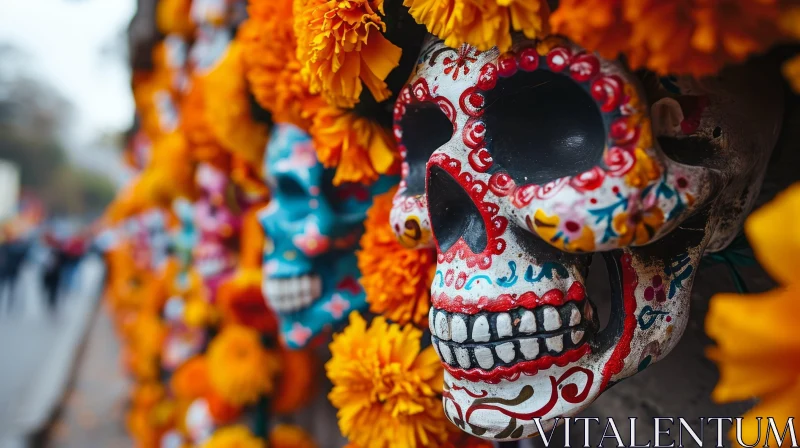 AI ART Colorful Skull-Shaped Mask with Marigold Flowers