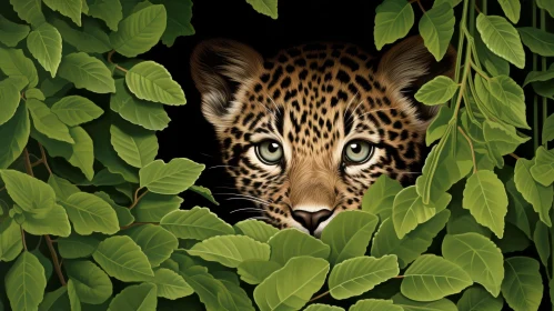 Curious Leopard Cub Peeking from Green Leaves