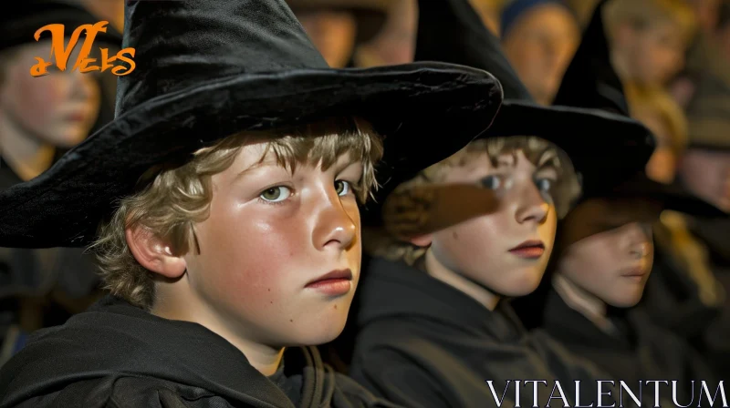 Enigmatic Portrait of Two Boys in Black Pointed Hats AI Image