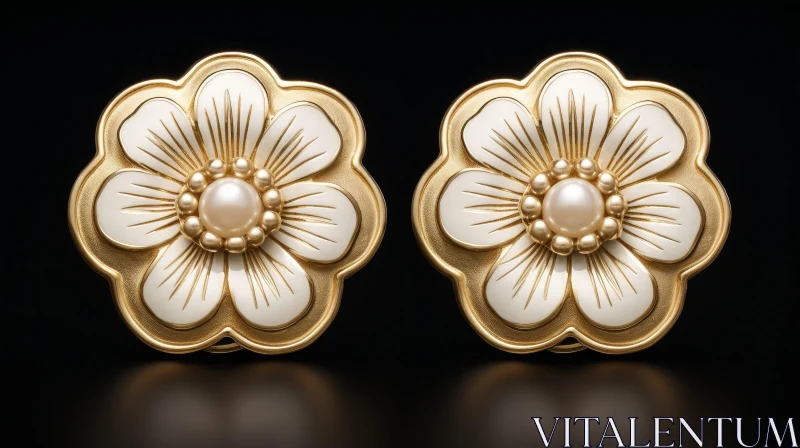 Exquisite Golden Flower Earrings with White Enamel and Pearl Beads AI Image