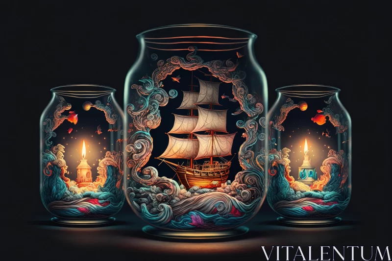 Glass Jars with Boats: Captivating and Detailed Artwork AI Image