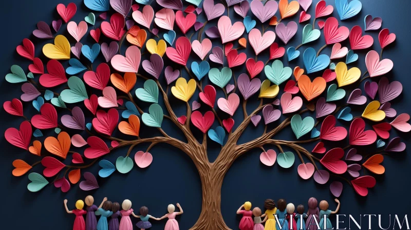 Joyful Gathering Around Heart-shaped Tree AI Image