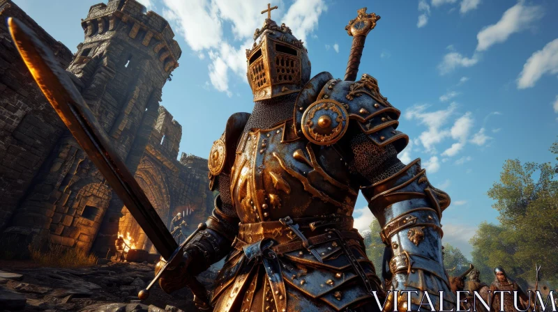 Knight in Full Plate Armor - 3D Rendering | Courtyard, Castle, Sword, Shield AI Image