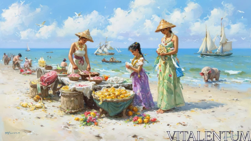 Realistic Painting of Women on a Tropical Beach AI Image